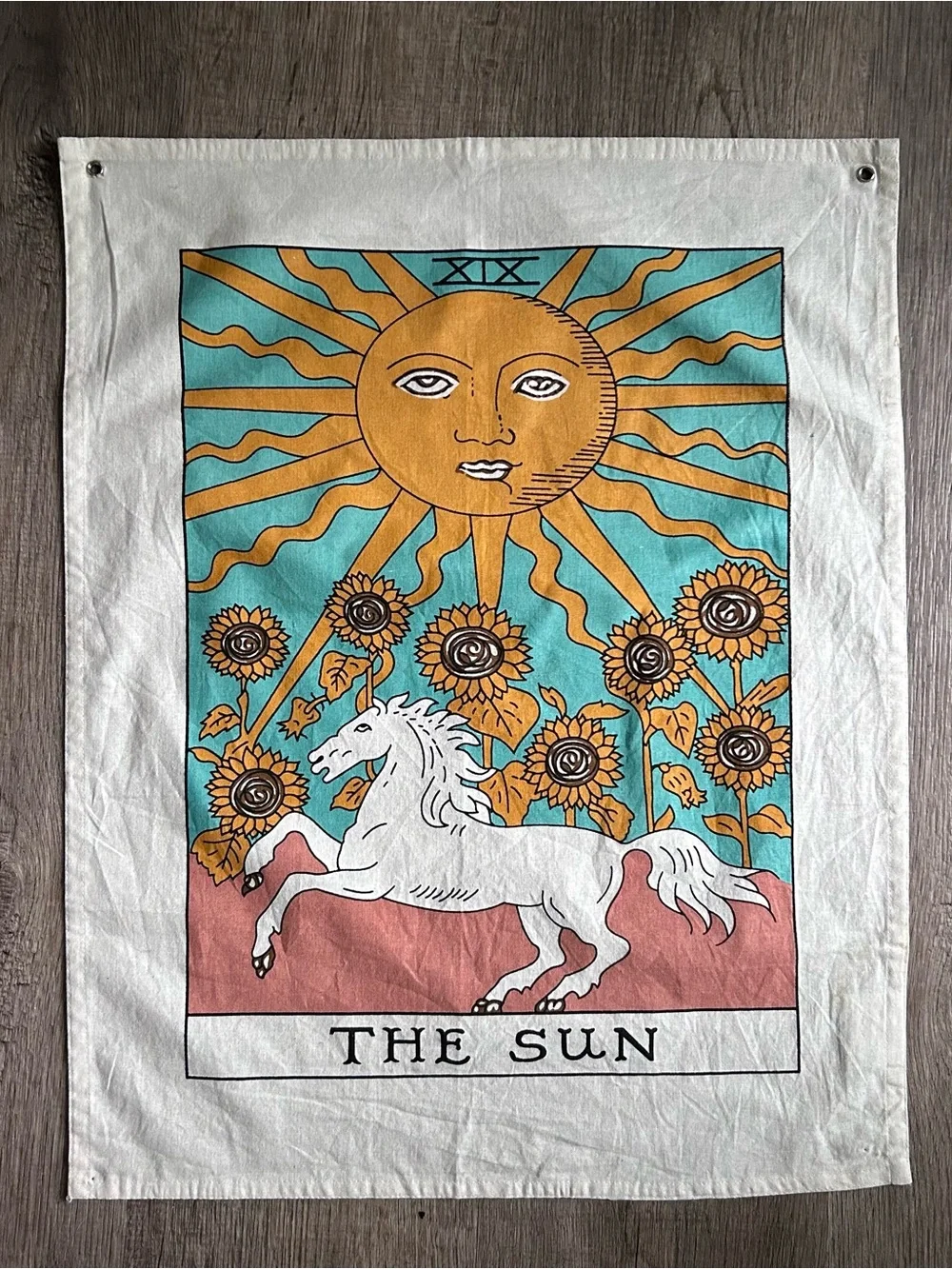 The Sun Tarot Wall Tapestry in Teal, Gold, White